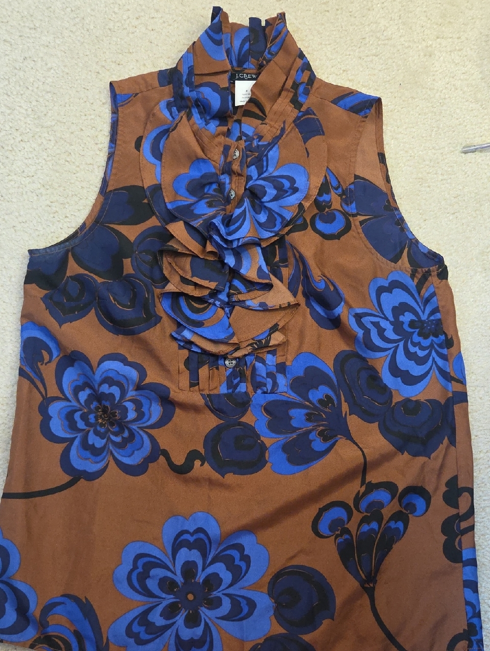 J. Crew 100% Silk, Brown Sleeveless Ruffle Front Top with Blue Floral Print
